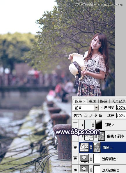 PS調(diào)出河道邊女孩唯美紫色藝術(shù)效果