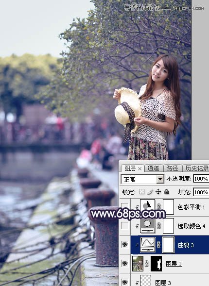 PS調(diào)出河道邊女孩唯美紫色藝術(shù)效果