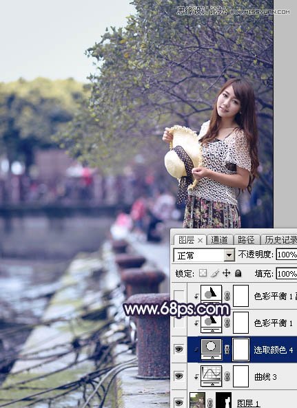 PS調(diào)出河道邊女孩唯美紫色藝術(shù)效果