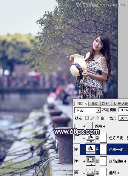 PS調(diào)出河道邊女孩唯美紫色藝術(shù)效果