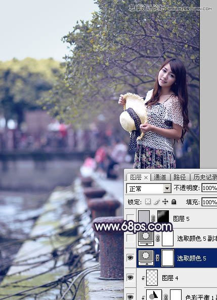 PS調(diào)出河道邊女孩唯美紫色藝術(shù)效果