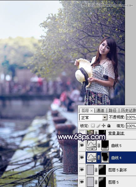 PS調(diào)出河道邊女孩唯美紫色藝術(shù)效果