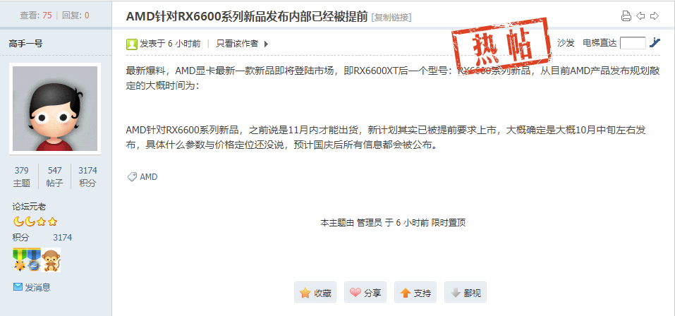 緩解缺卡問題，消息稱 AMD RX6600 系列新品將于 10 月中旬發布