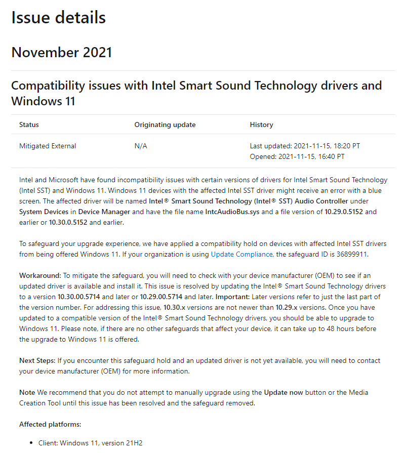 微軟證實(shí)：某些版本的英特爾 SST 音頻驅(qū)動會導(dǎo)致 Win11 藍(lán)屏