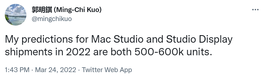 郭明錤：預(yù)計蘋果 Mac Studio 和 Studio Display 2022 年出貨量均為 50-60 萬臺