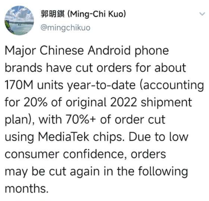 郭明錤：今年中國各大安卓手機品牌已削減近 20% 訂單，其中 70% 以上都使用聯發科芯片